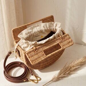 C&C California Half Moon Wicker Rattan Crossbody Bag Tan Woven Basket Purse